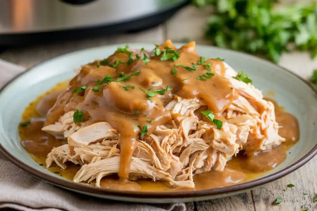 Shredded crockpot chicken with savory gravy, garnished with parsley and served with mashed potatoes on a rustic plate.