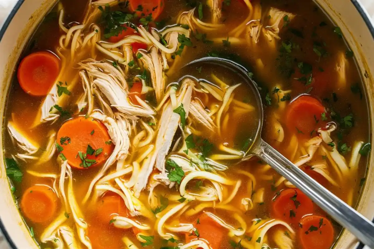 A bowl of chicken noodle soup garnished with parsley and cracked black pepper, served on a rustic wooden table.