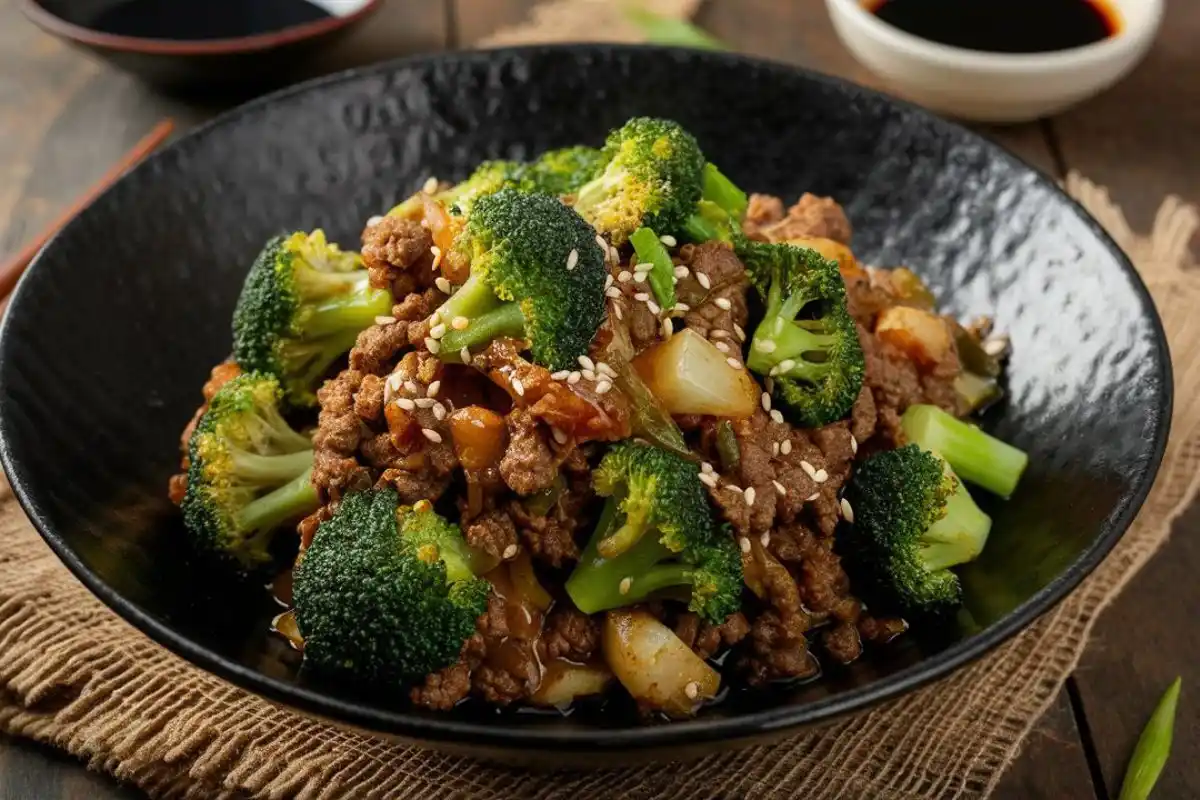 A bowl of ground beef and broccoli stir-fry garnished with sesame seeds and green onions, served on a rustic wooden table.