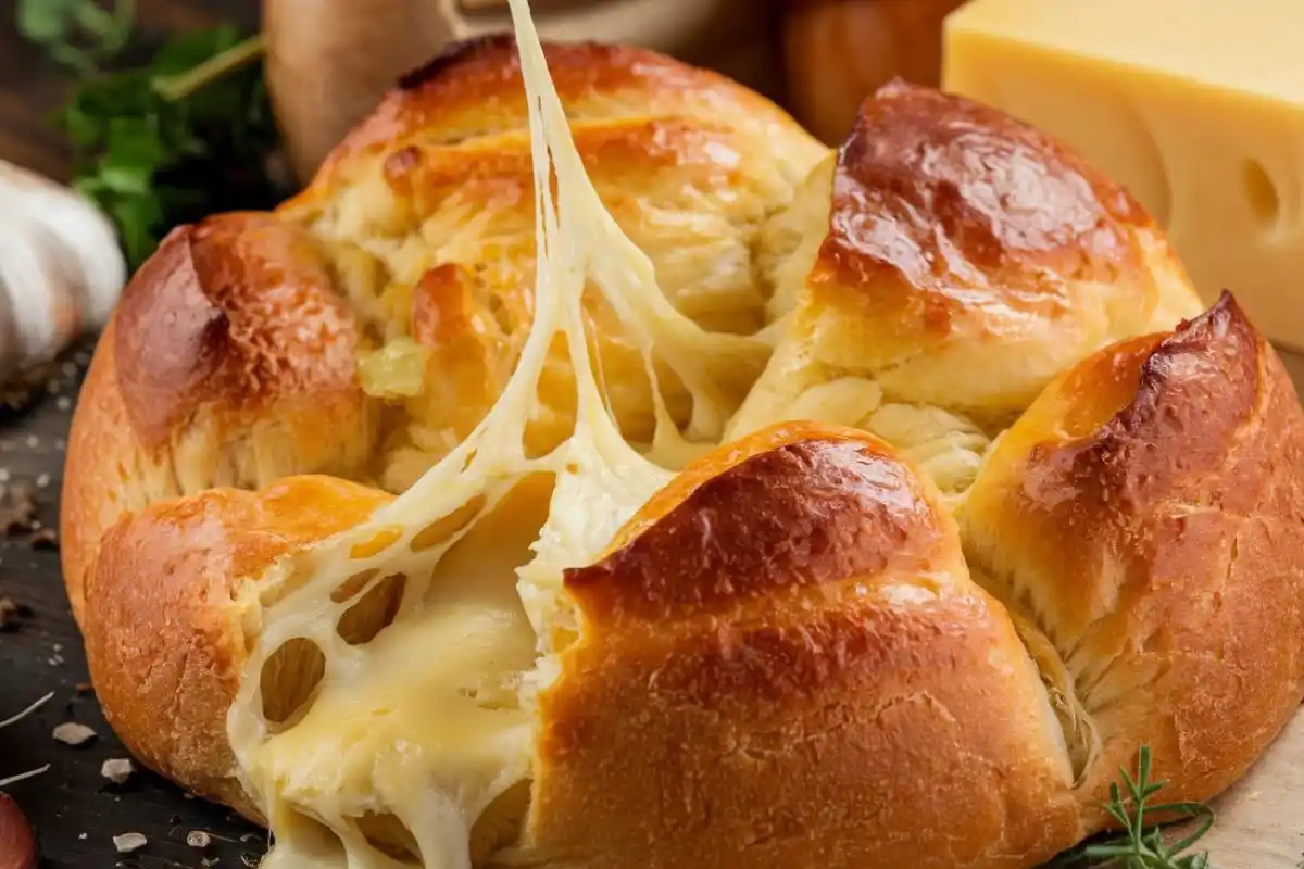 Freshly baked cheesy bread with gooey cheese pull, golden crust, and surrounded by ingredients like garlic and herbs.
