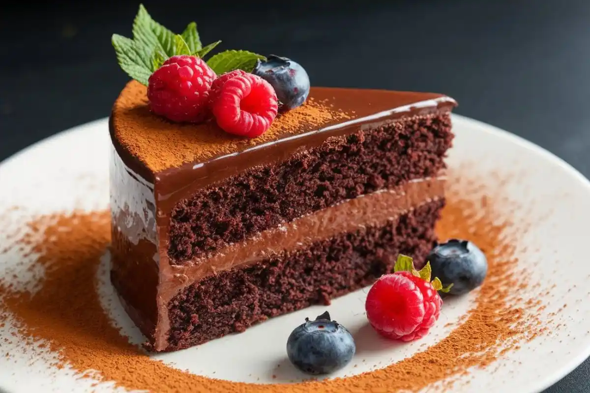 A slice of moist Kefir chocolate probiotic cake on a white plate with berries and cocoa powder garnish.