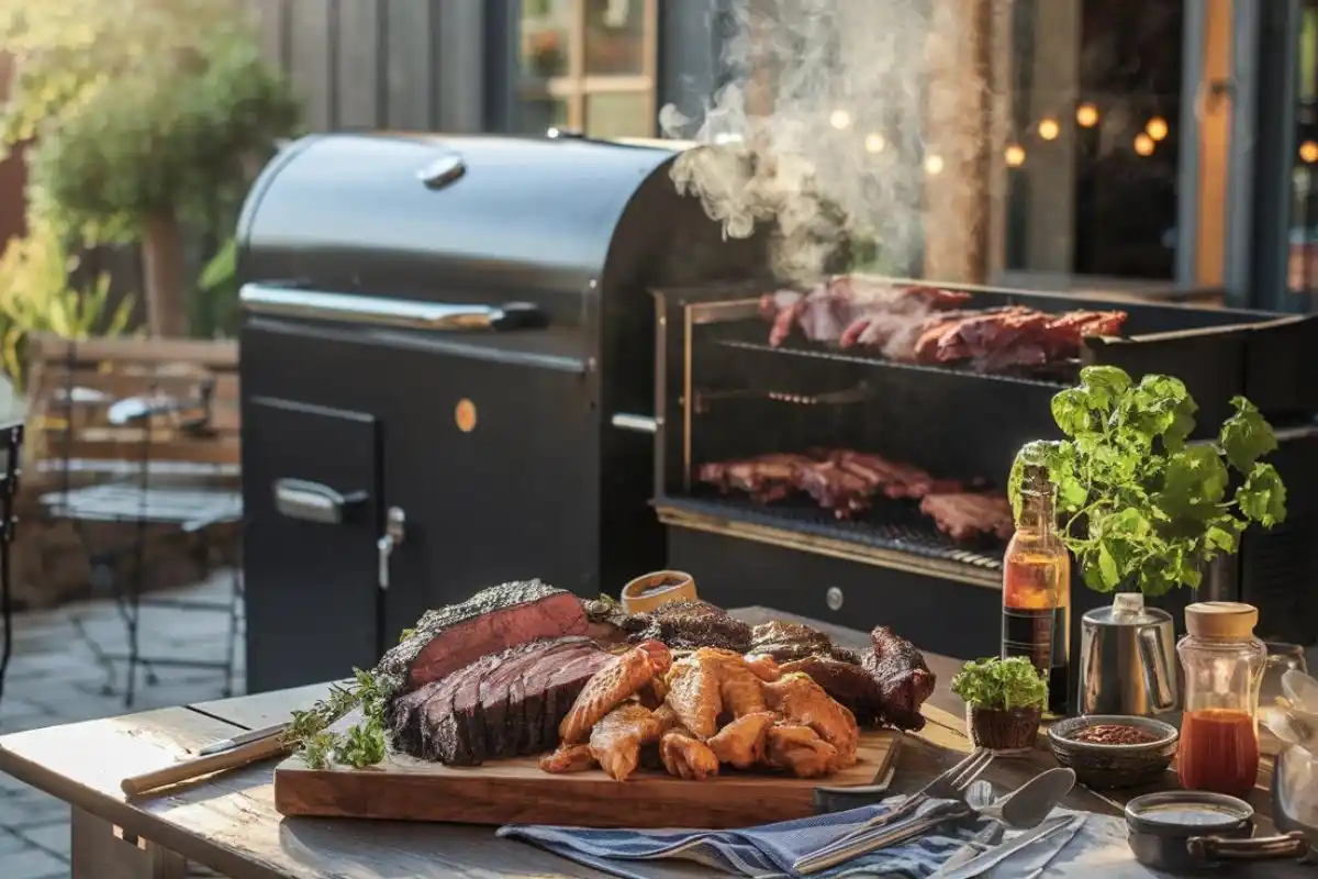 Backyard barbecue with a smoker and smoked meats on a rustic wooden table.