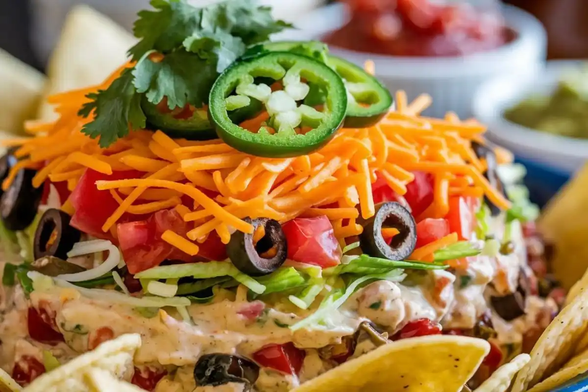 Close-up of taco dip with creamy layers, shredded cheese, tomatoes, lettuce, olives, and jalapeños, served with tortilla chips