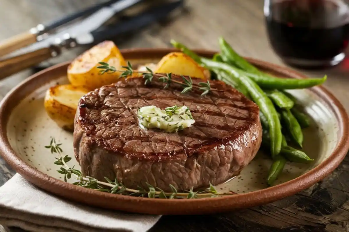 Finished round steak served on a rustic ceramic plate with fresh thyme, roasted potatoes, and green beans, set on a wooden table.