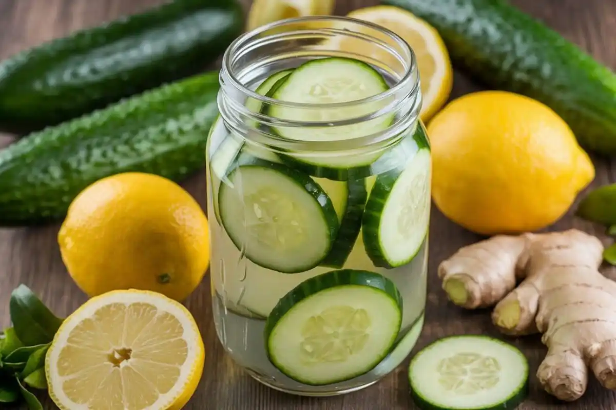 Glass pitcher and glasses filled with cucumber lemon ginger water, garnished with mint and surrounded by fresh ingredients on a rustic table