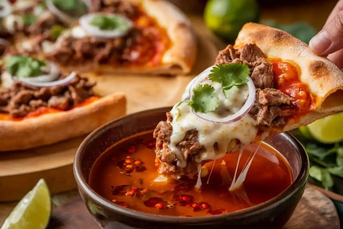 Close-up of a birria pizza slice being dipped into a bowl of consommé, showing melted cheese and beef on a golden crust.