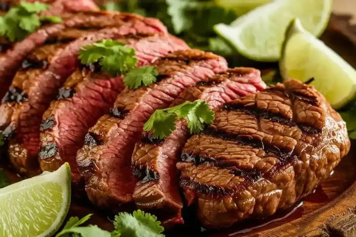 Finished Carne Asada served on a wooden platter with garnishes of cilantro, lime wedges, and a side of tortillas and salsa