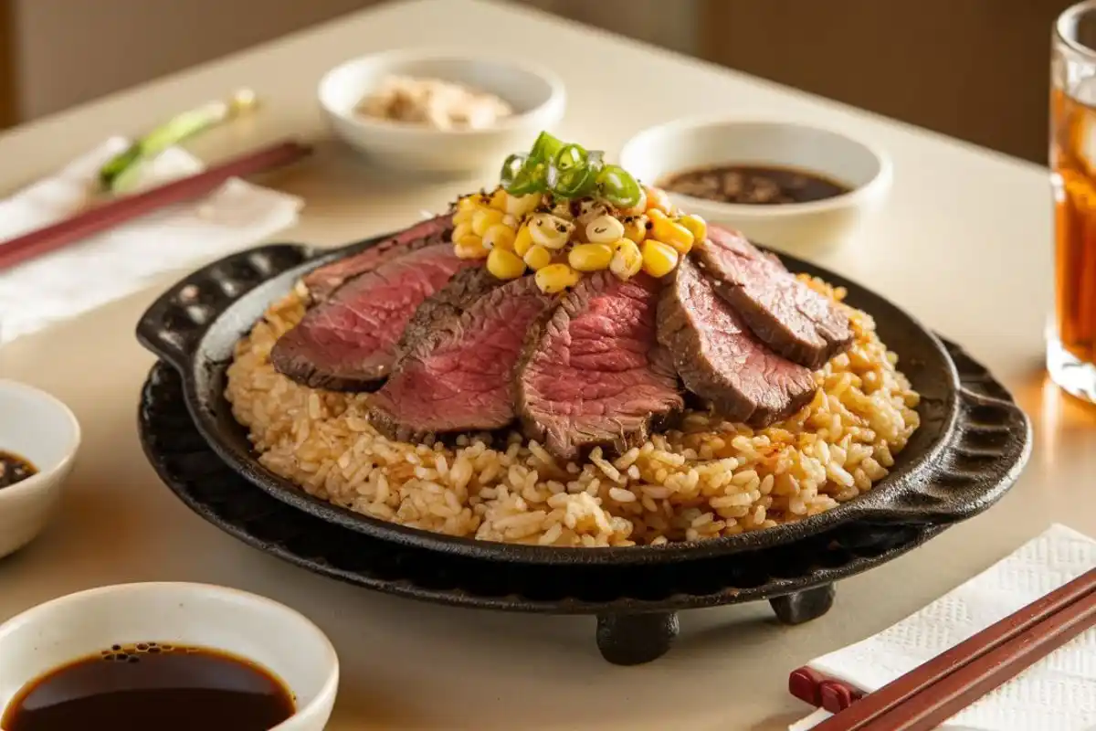 Sizzling plate of beef pepper rice with sliced beef, corn, and black pepper, served with sauces on a minimalist table.