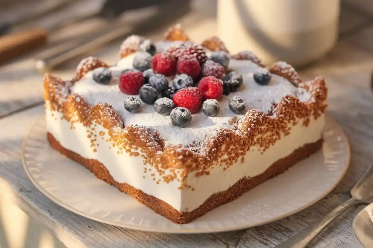 Kefir sheet cake with powdered sugar and berries