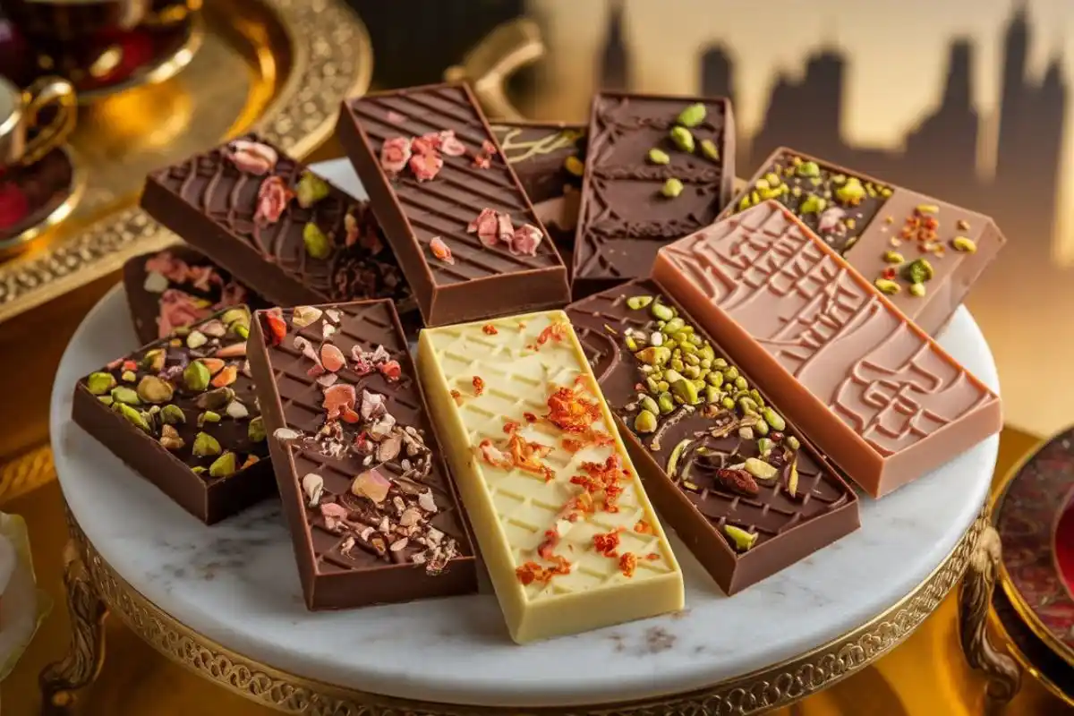 Luxurious Dubai chocolate bars adorned with edible gold, saffron, and pistachios, displayed on a marble platter.