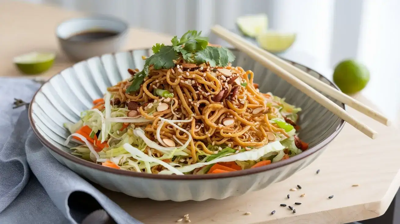 Crunchy Asian Ramen Noodle Salad in a large bowl, garnished with sesame seeds and cilantro, with chopsticks on the side.