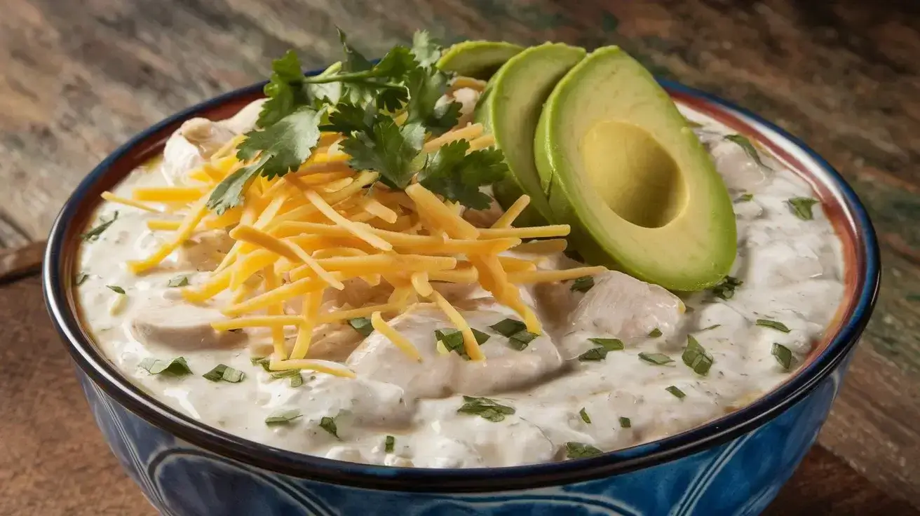 A bowl of white chicken chili topped with cheese and cilantro