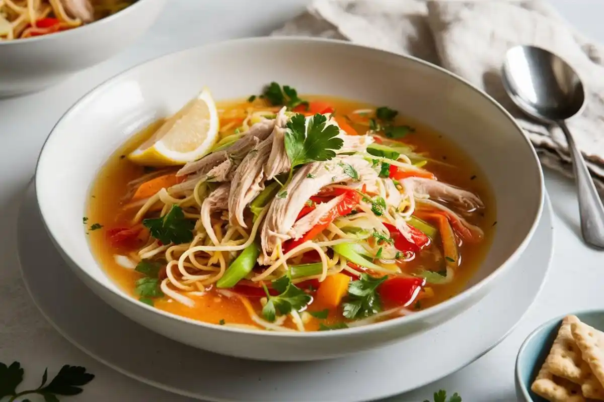 A bowl of gluten-free chicken noodles garnished with parsley and a wedge of lemon, served on a clean white counter.
