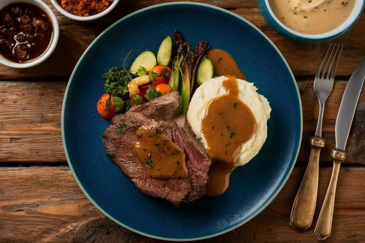 Cooked round steak served with mashed potatoes, gravy, and steamed vegetables on a rustic wooden table.