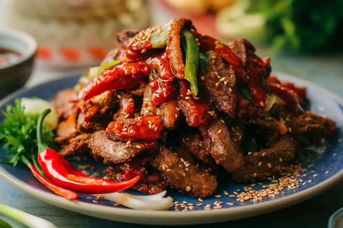 A plated crispy chilli beef dish garnished with sesame seeds and spring onions.