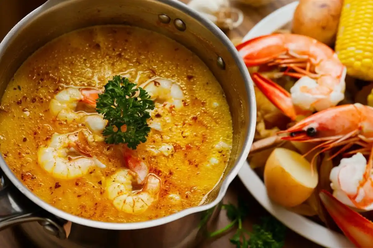 A pot of seafood boil with shrimp, crab legs, corn, and potatoes coated in a rich, buttery garlic sauce, garnished with parsley and lemon wedges