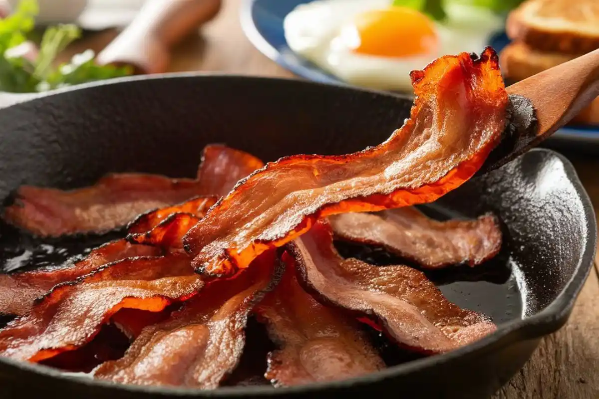 Close-up of crispy, golden-brown beef bacon strips sizzling in a cast-iron skillet. Wisps of steam rise, highlighting their smoky aroma. A wooden spatula lifts a piece, showing its crispy yet slightly juicy texture. In the background, a rustic wooden table holds a plate with eggs, toast, and fresh herbs, creating a hearty breakfast scene. Warm, natural lighting enhances the delicious appeal.