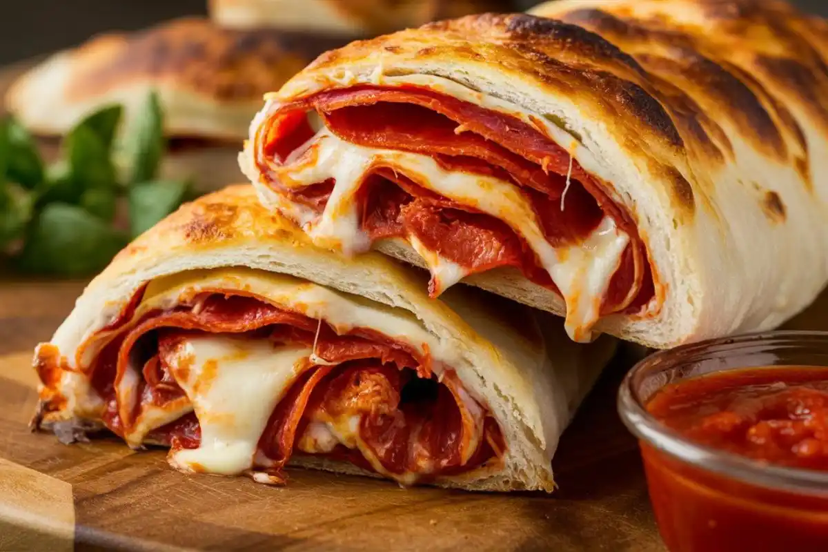 Homemade Stromboli with melted cheese and crispy golden crust